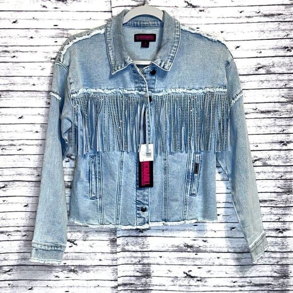 Rock and Roll Denim Light Wash Studded Fringe Denim Jacket - Picture 1 of 12